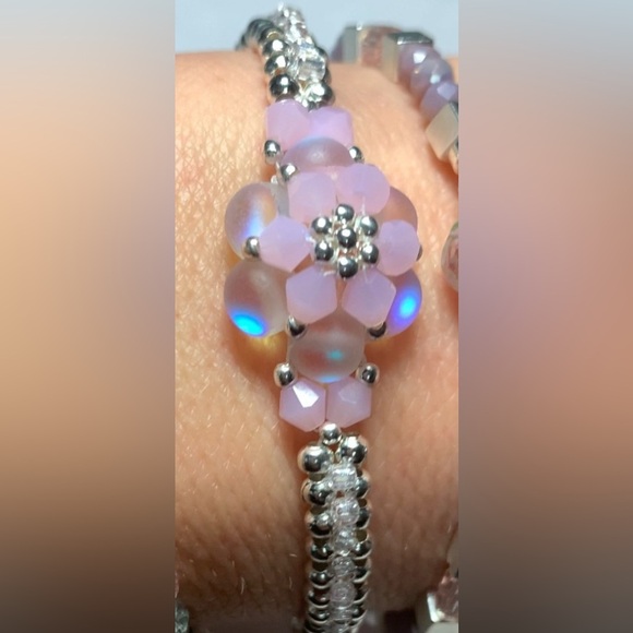 Hand Crafted Jewelry - Artisan Hand Crafted Beaded Bracelet Glass Pink Purple Silver